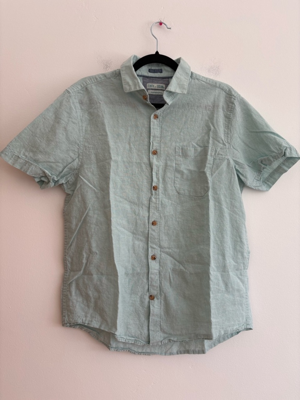 Tenth + Ocean Linen Blend Short Sleeve Camp Shirt Light Blue Vacation Travel Med